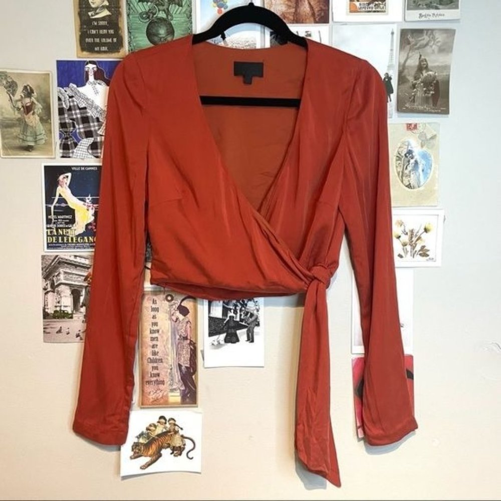 INTERMIX MODAL DEEP V NECK FAUX WRAP SIDE TIE LONG SLEEVE CROPPED BLOUSE ORANGE